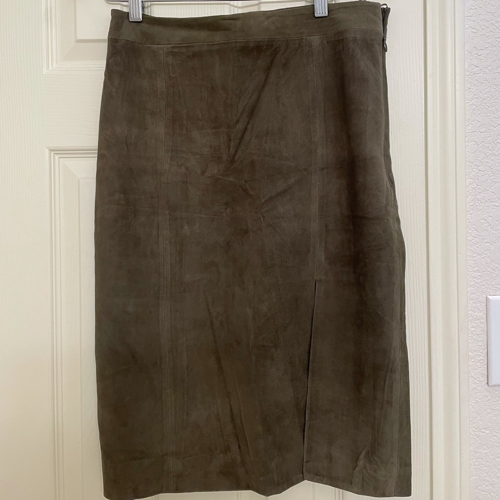 Intermix olive green suede midi skirt